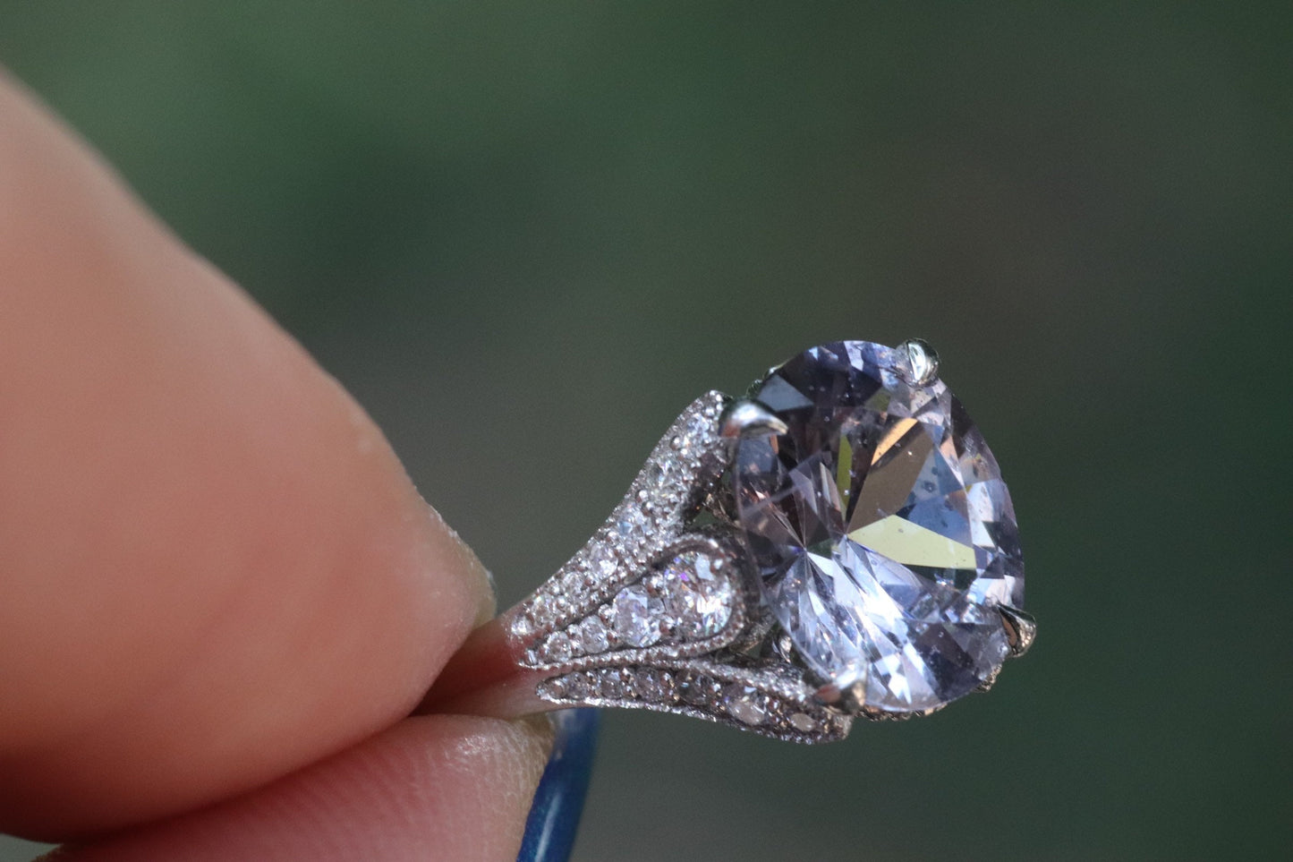 Custom made lavender spinel and 14 karat white gold and diamonds size 6 sizable