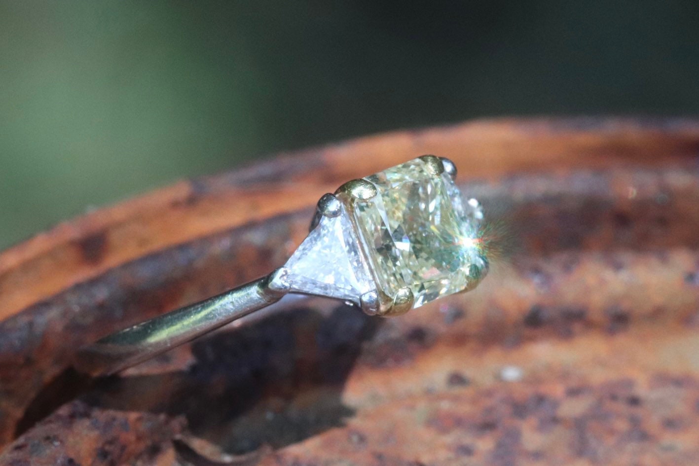 Yellow diamond radiant and diamond trapezoid three stone engagement ring set in platinum size 6 (sizable)