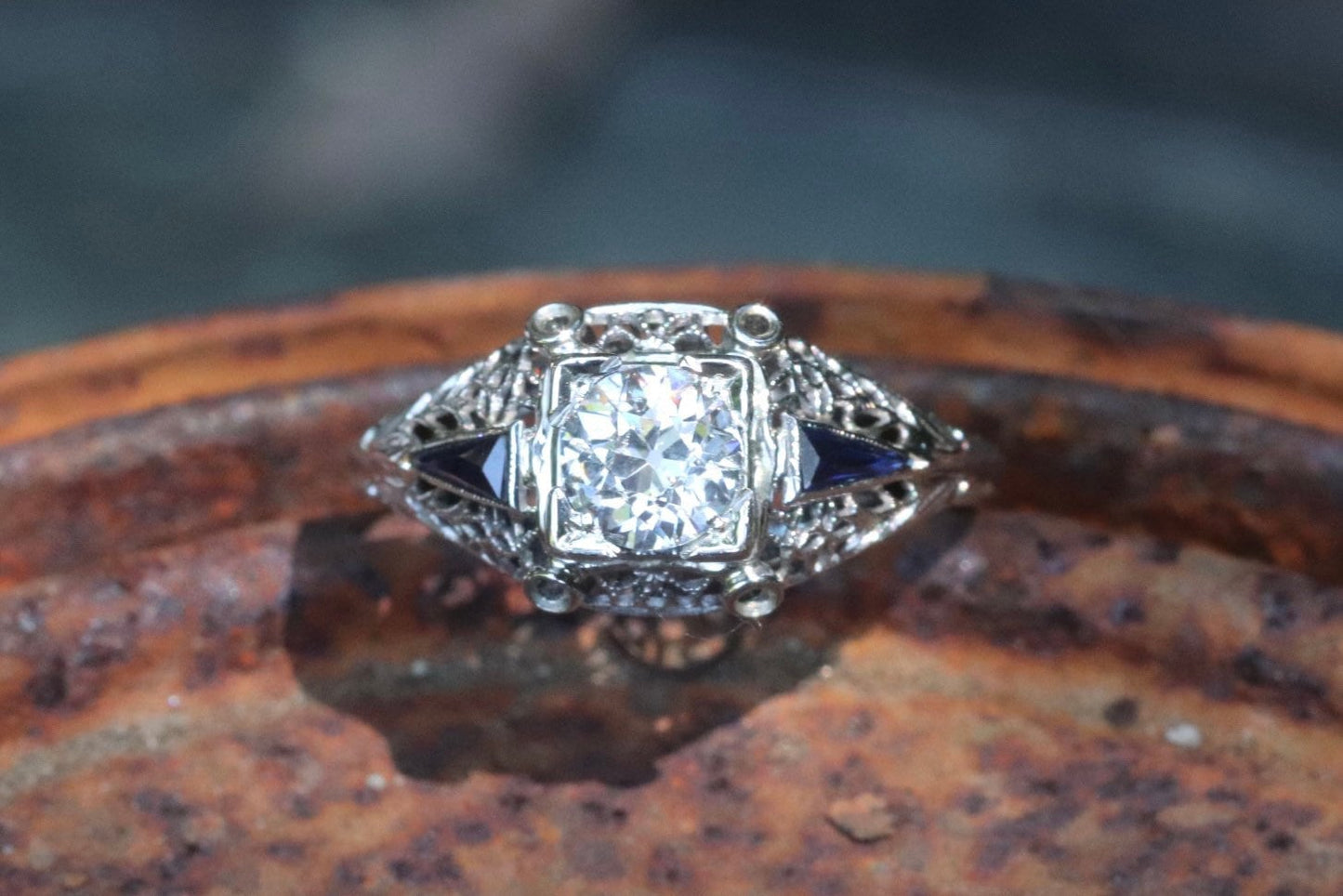 Authentic Art Deco old European cut diamond and sapphire engagement ring