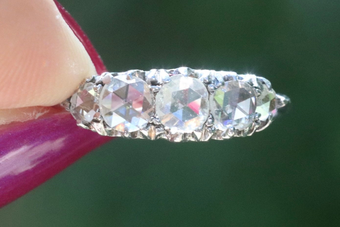 Rose cut diamond 5 stone set in 18 k white gold size 7 sizable