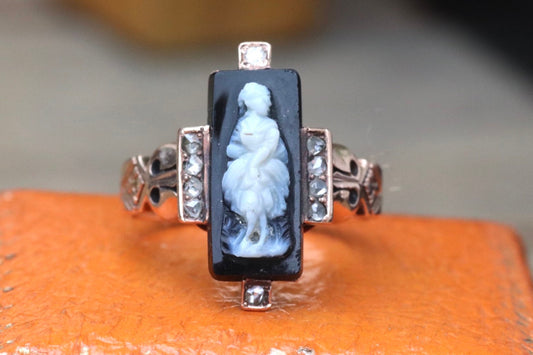 Antique Victorian 1880 14k Rose Gold Hand Engraved Agate Cameo Ring rose cut diamonds size 3.5
