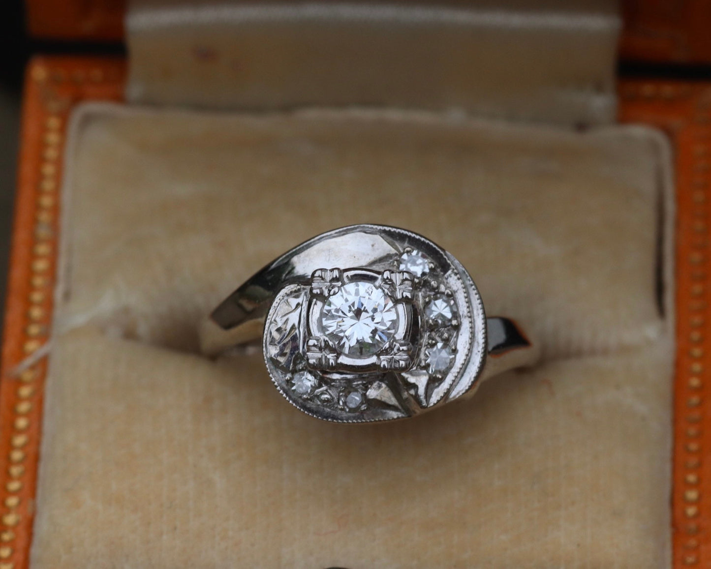 1940s retro swirl diamond engagement ring in 14 karat white gold size 6