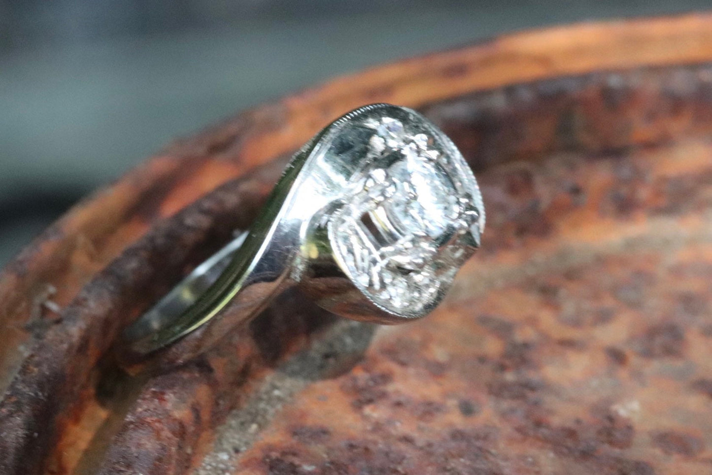 1940s retro swirl diamond engagement ring in 14 karat white gold size 6