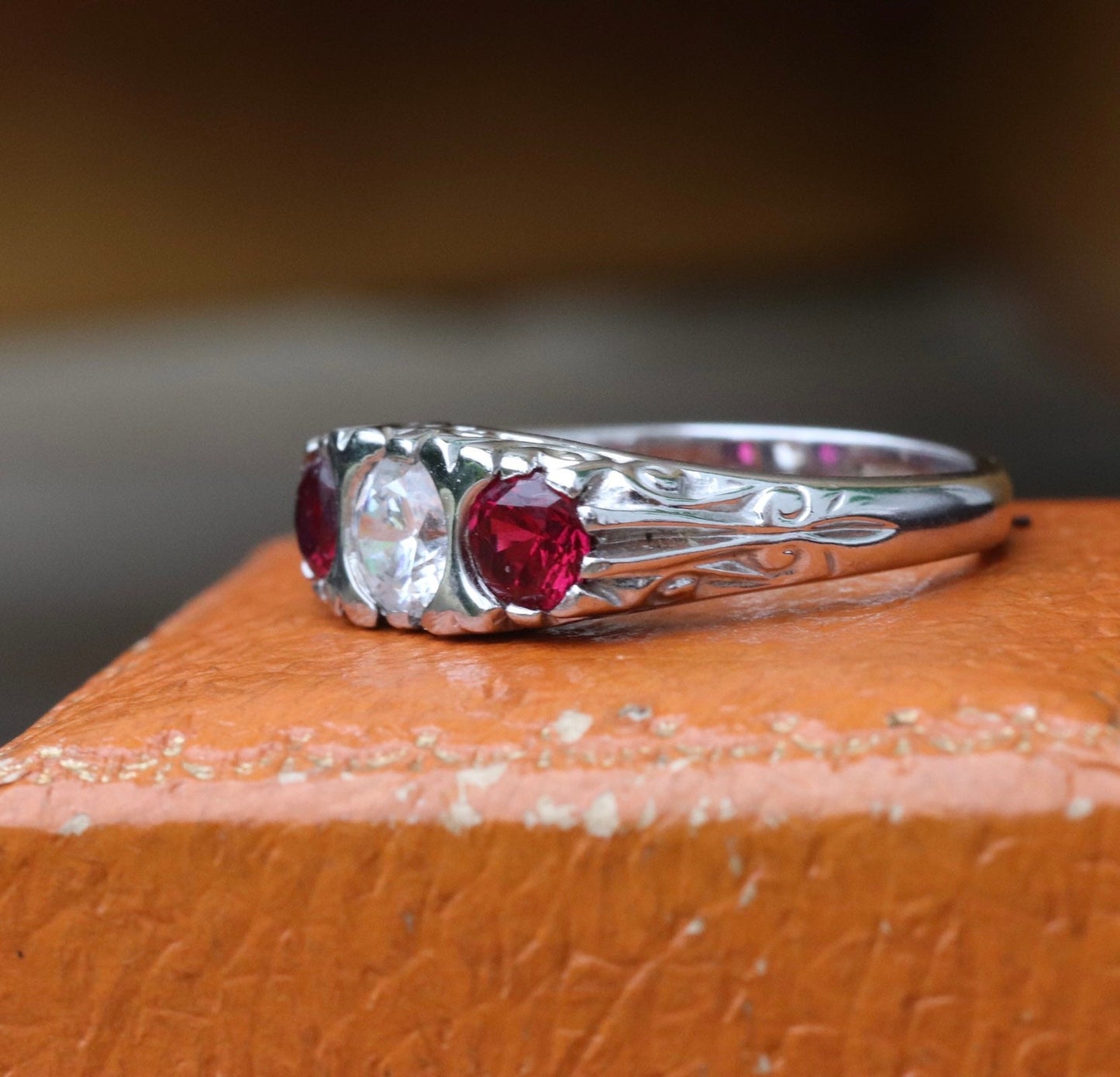 Victorian style diamond simulate and synthetic ruby ring set in 14k white gold size 6.5 sizable