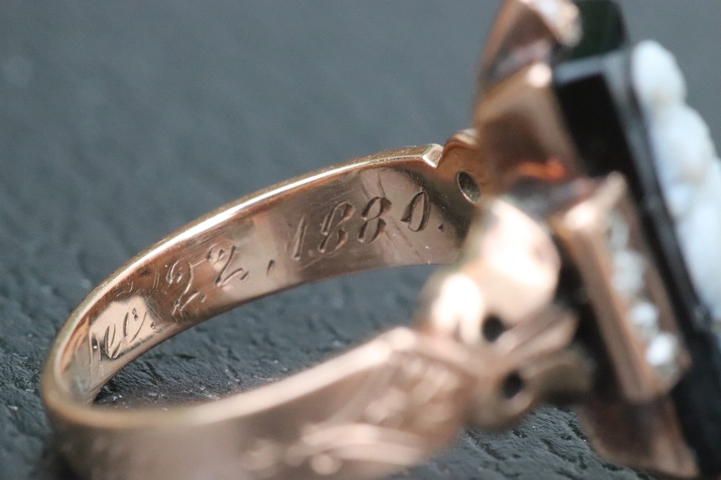 Antique Victorian 1880 14k Rose Gold Hand Engraved Agate Cameo Ring rose cut diamonds size 3.5