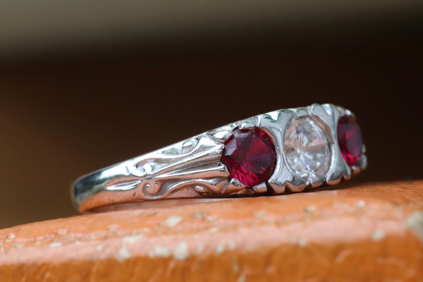 Victorian style diamond simulate and synthetic ruby ring set in 14k white gold size 6.5 sizable