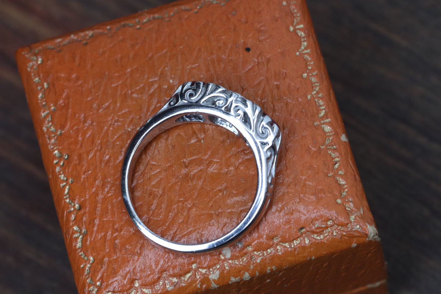 Victorian style diamond simulate and synthetic ruby ring set in 14k white gold size 6.5 sizable