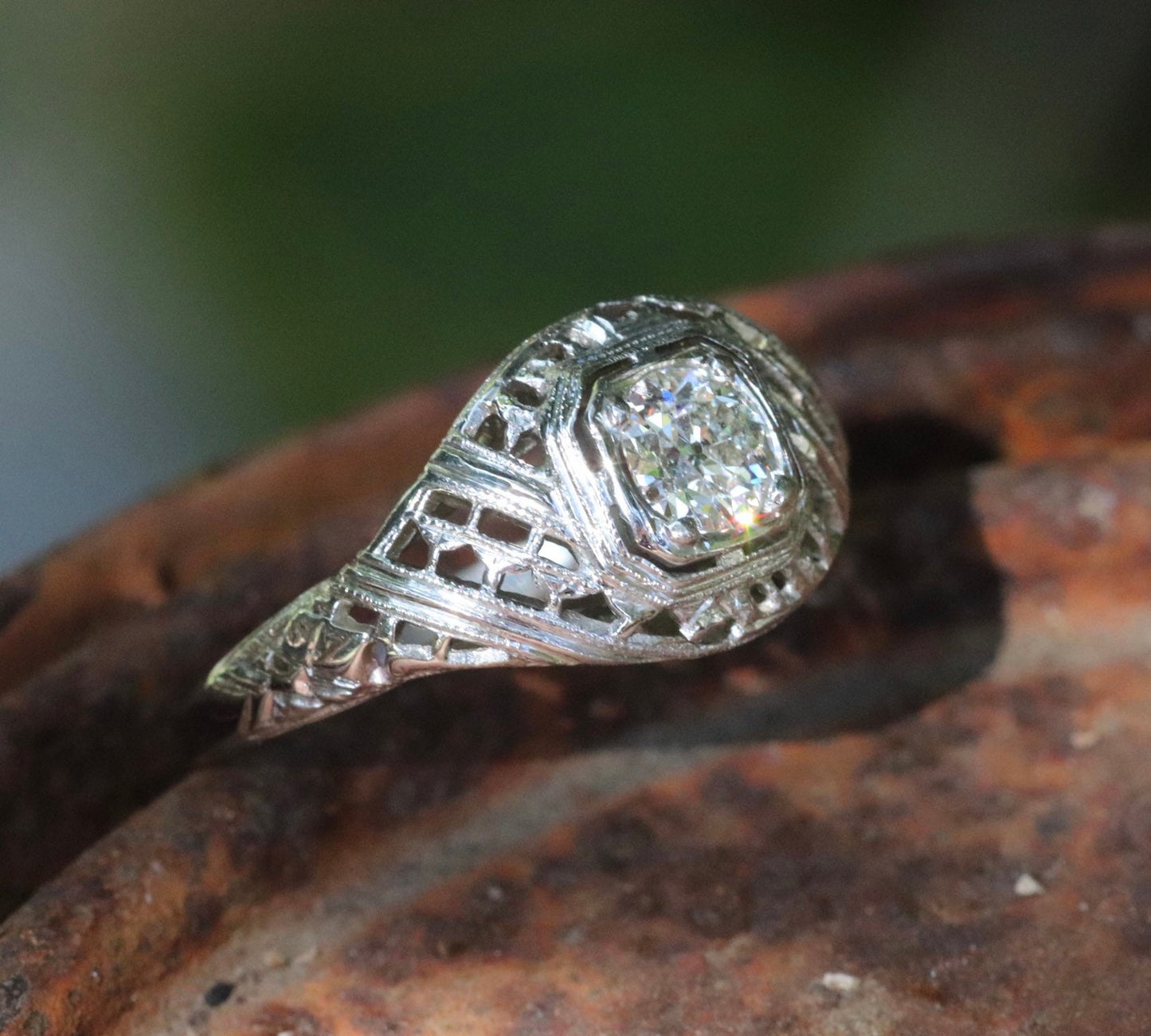 Art Deco old European cut diamond ring in 14k white gold