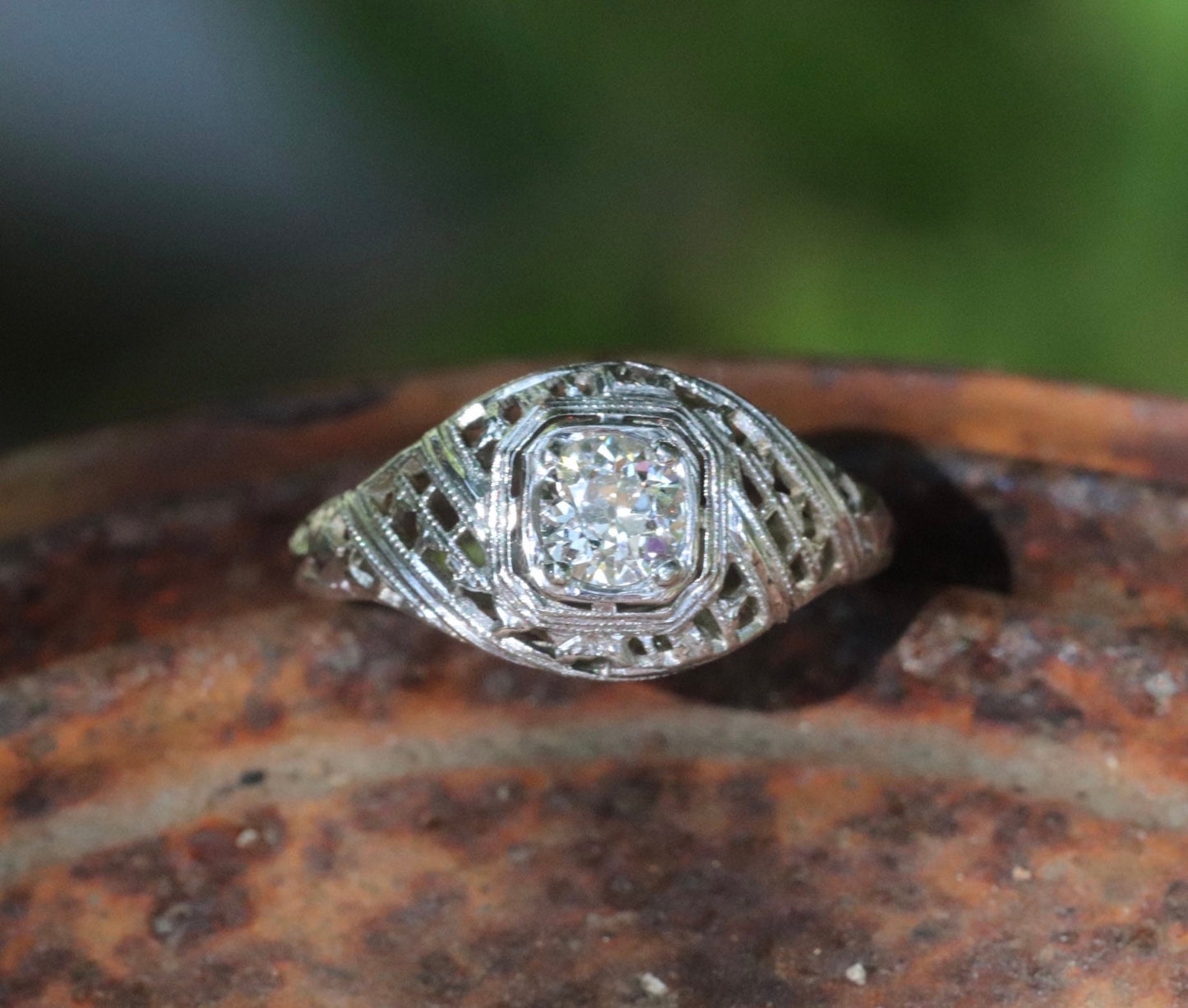 Art Deco old European cut diamond ring in 14k white gold