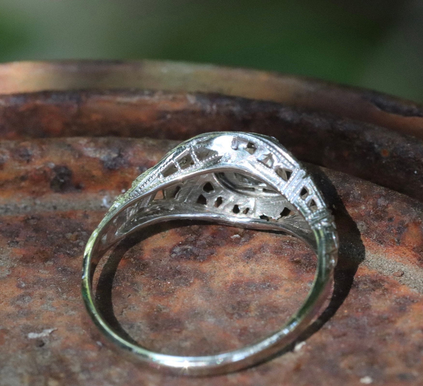 Art Deco old European cut diamond ring in 14k white gold