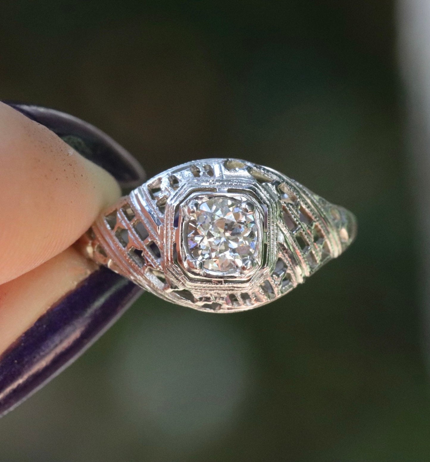 Art Deco old European cut diamond ring in 14k white gold