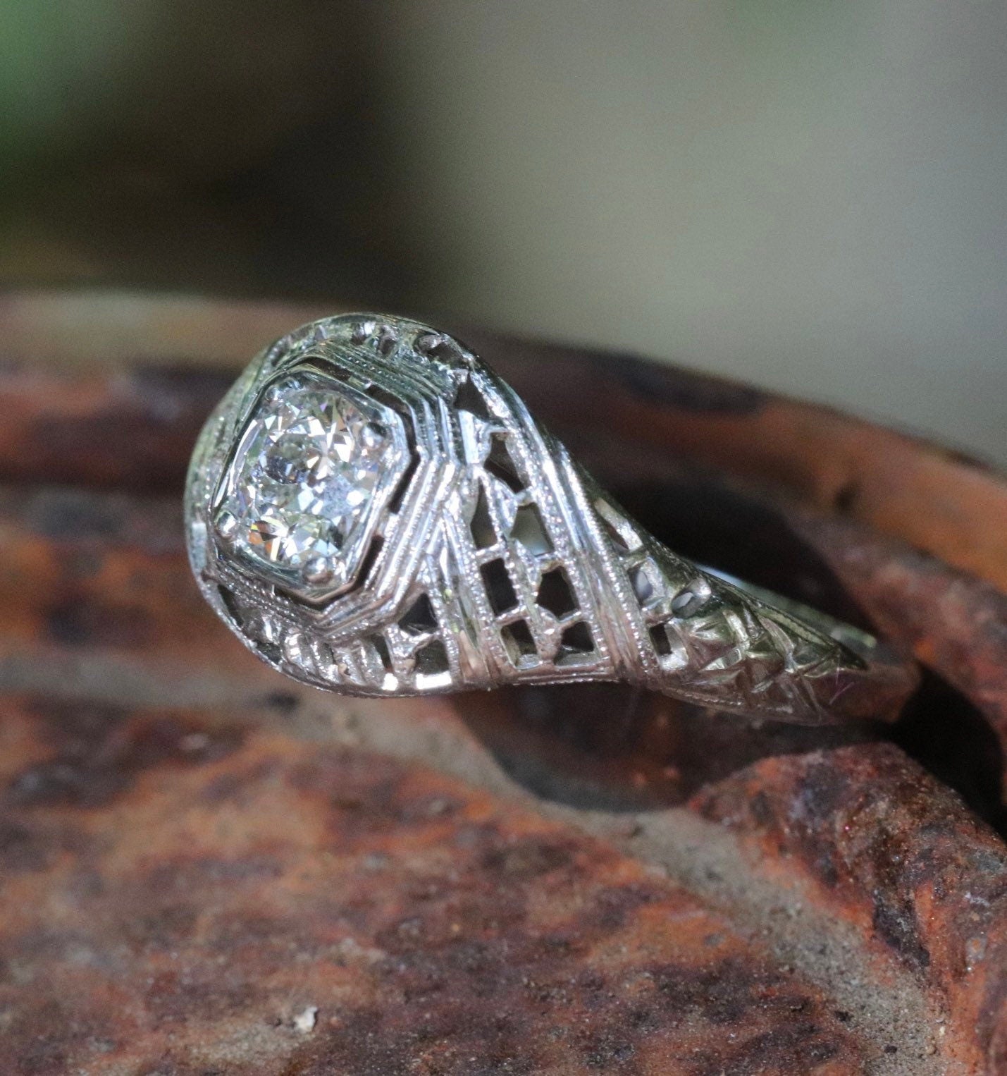 Art Deco old European cut diamond ring in 14k white gold