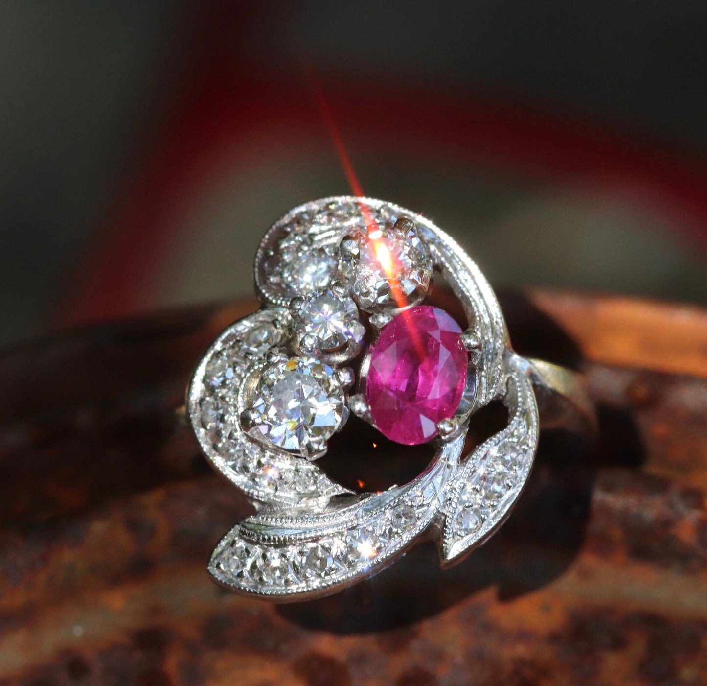 1950s ruby and old European cut diamond cocktail ring set in 14k white gold