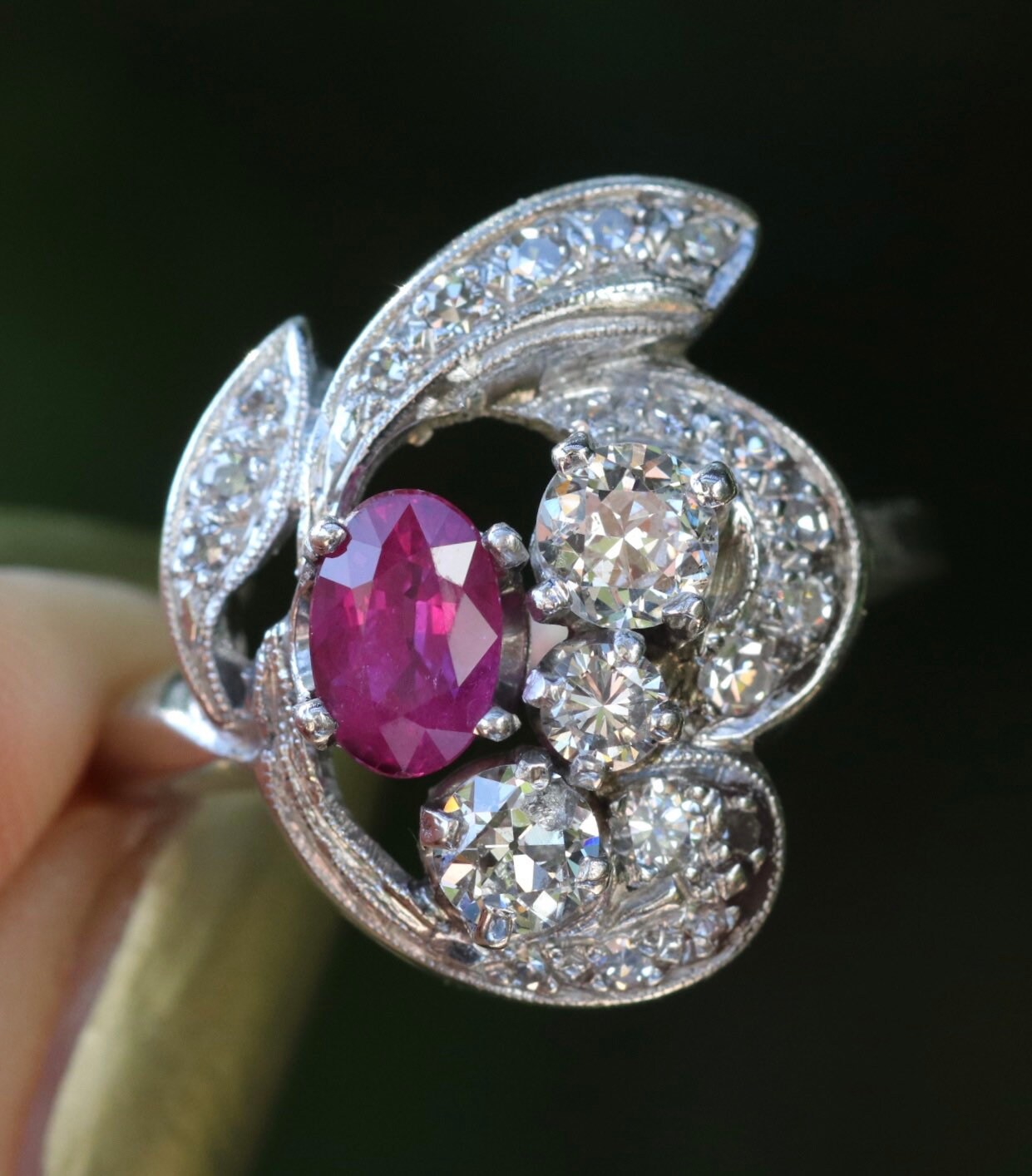1950s ruby and old European cut diamond cocktail ring set in 14k white gold