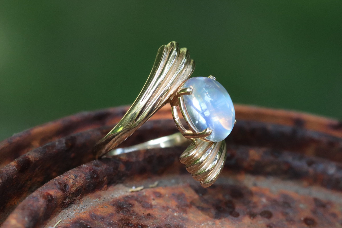 Rainbow moonstone and 14k yellow gold retro bypass ring