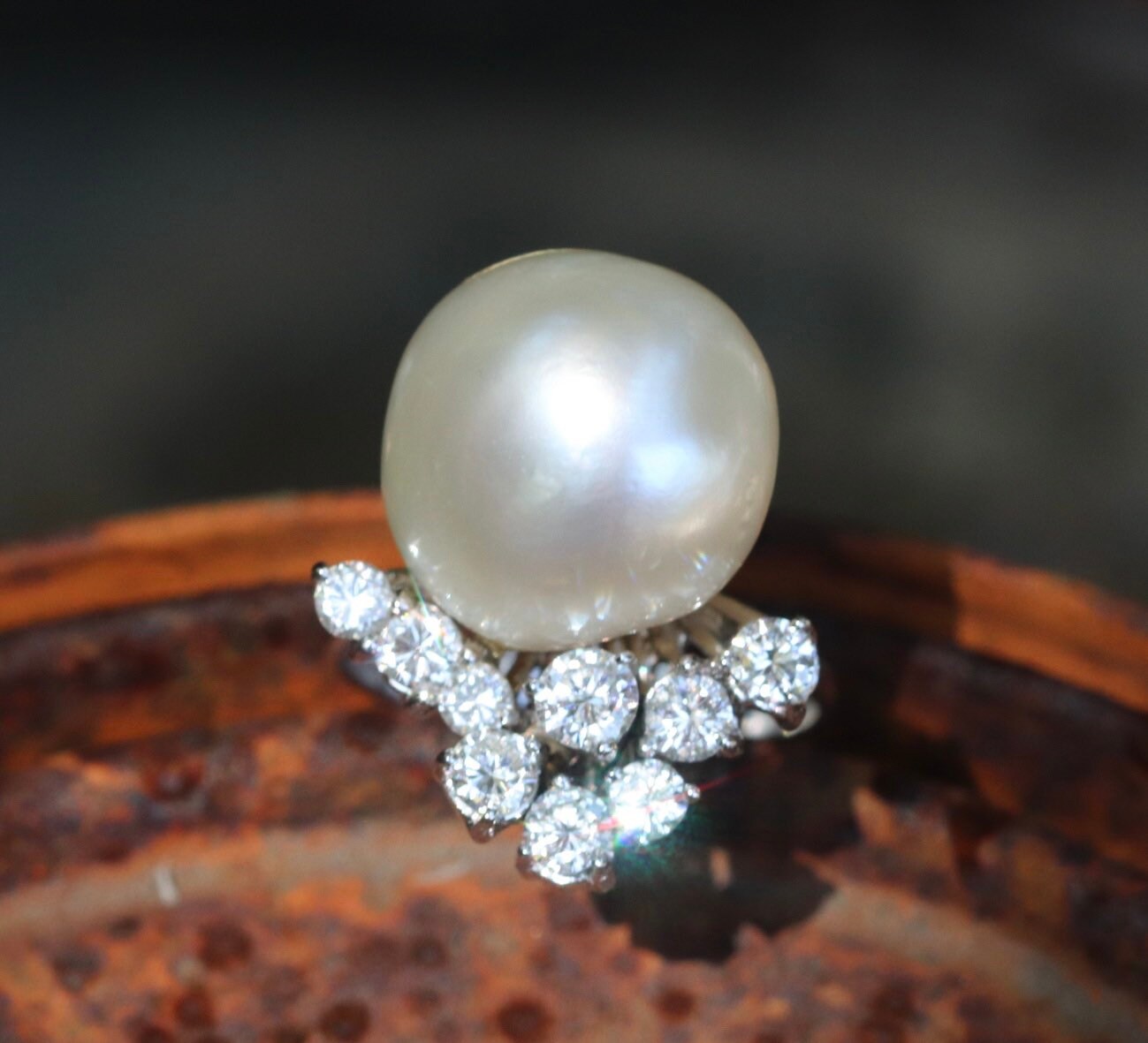 Diamond and south sea pearl ring set in 14k white gold