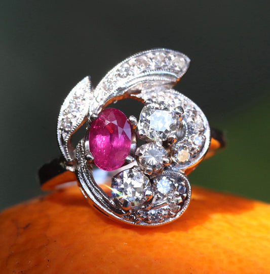 1950s ruby and old European cut diamond cocktail ring set in 14k white gold
