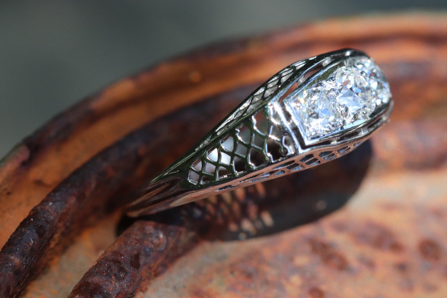 Old European cut diamond three stone ring in 14k white gold