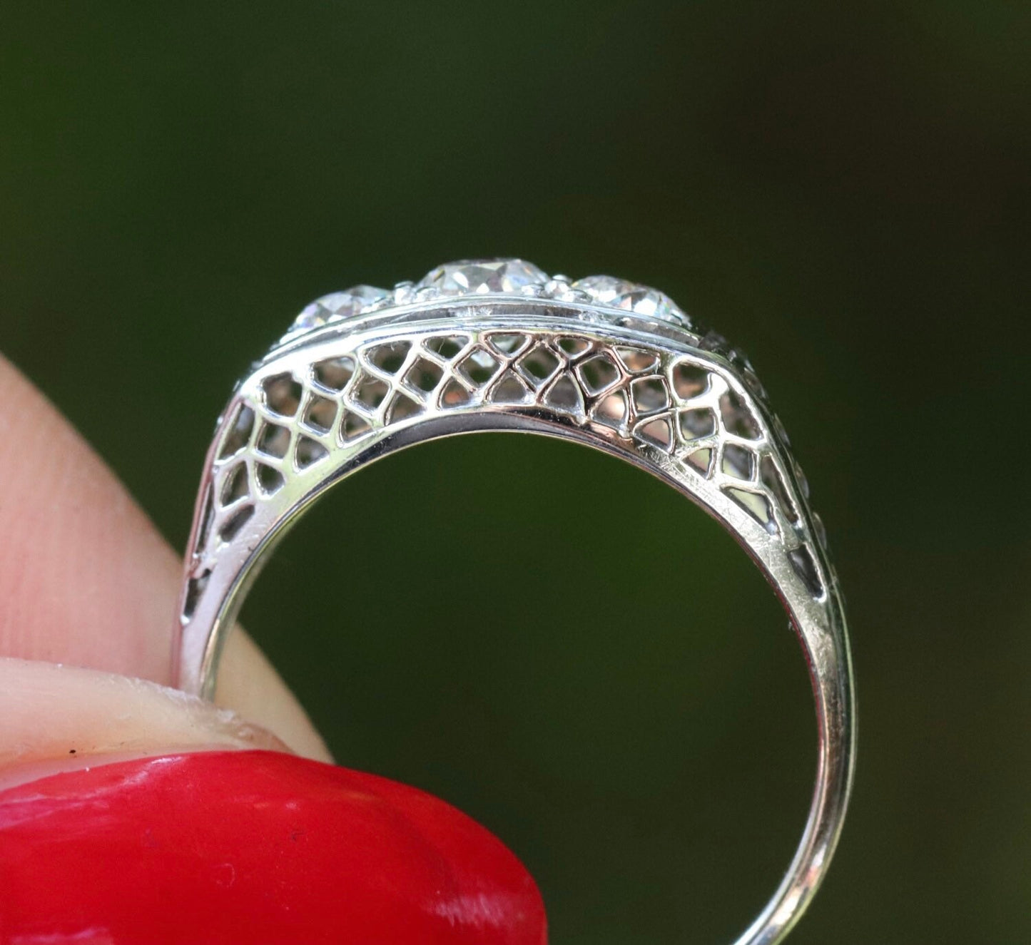 Old European cut diamond three stone ring in 14k white gold