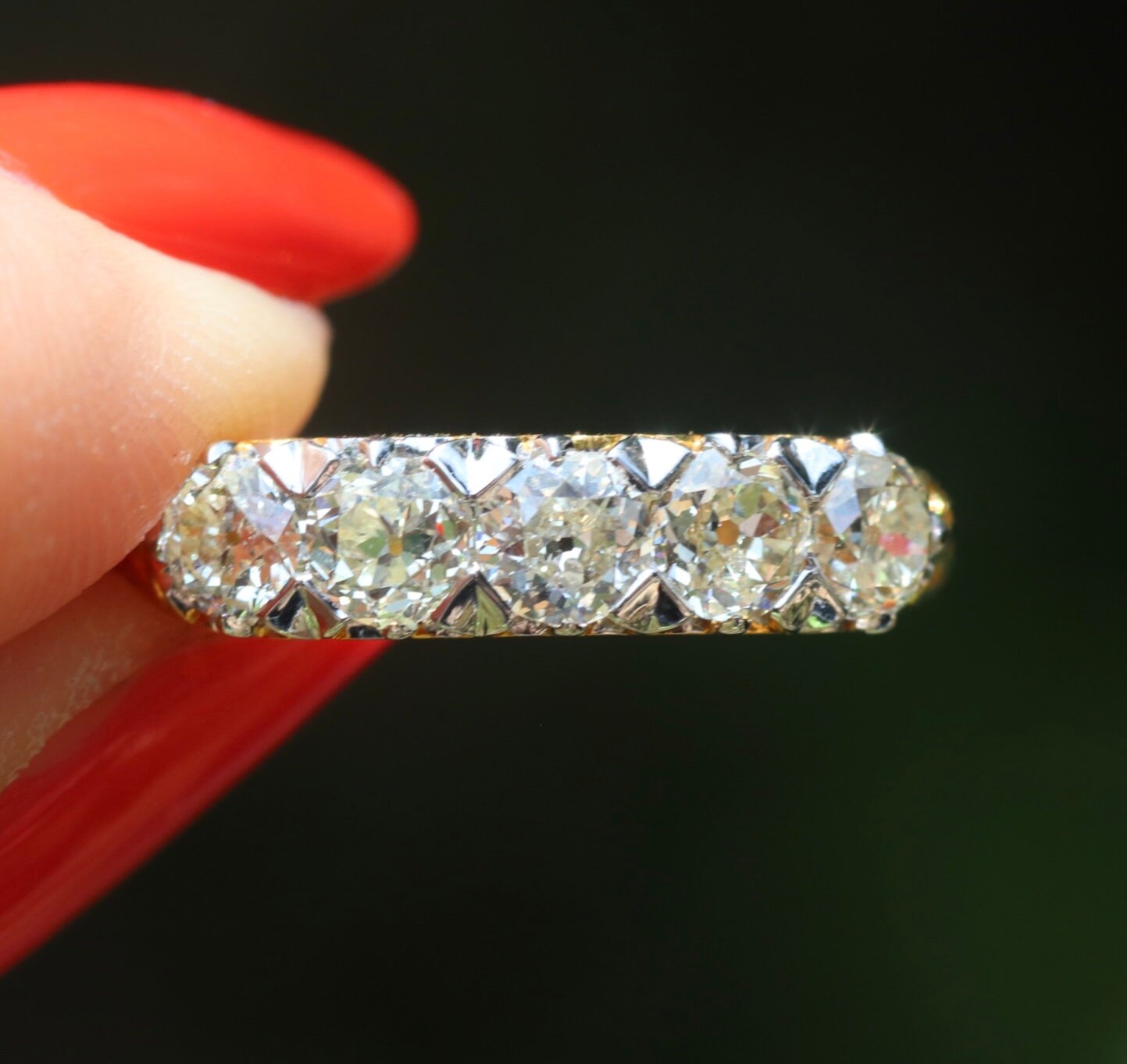 5-stone old mine cut diamond ring set in 18k yellow gold
