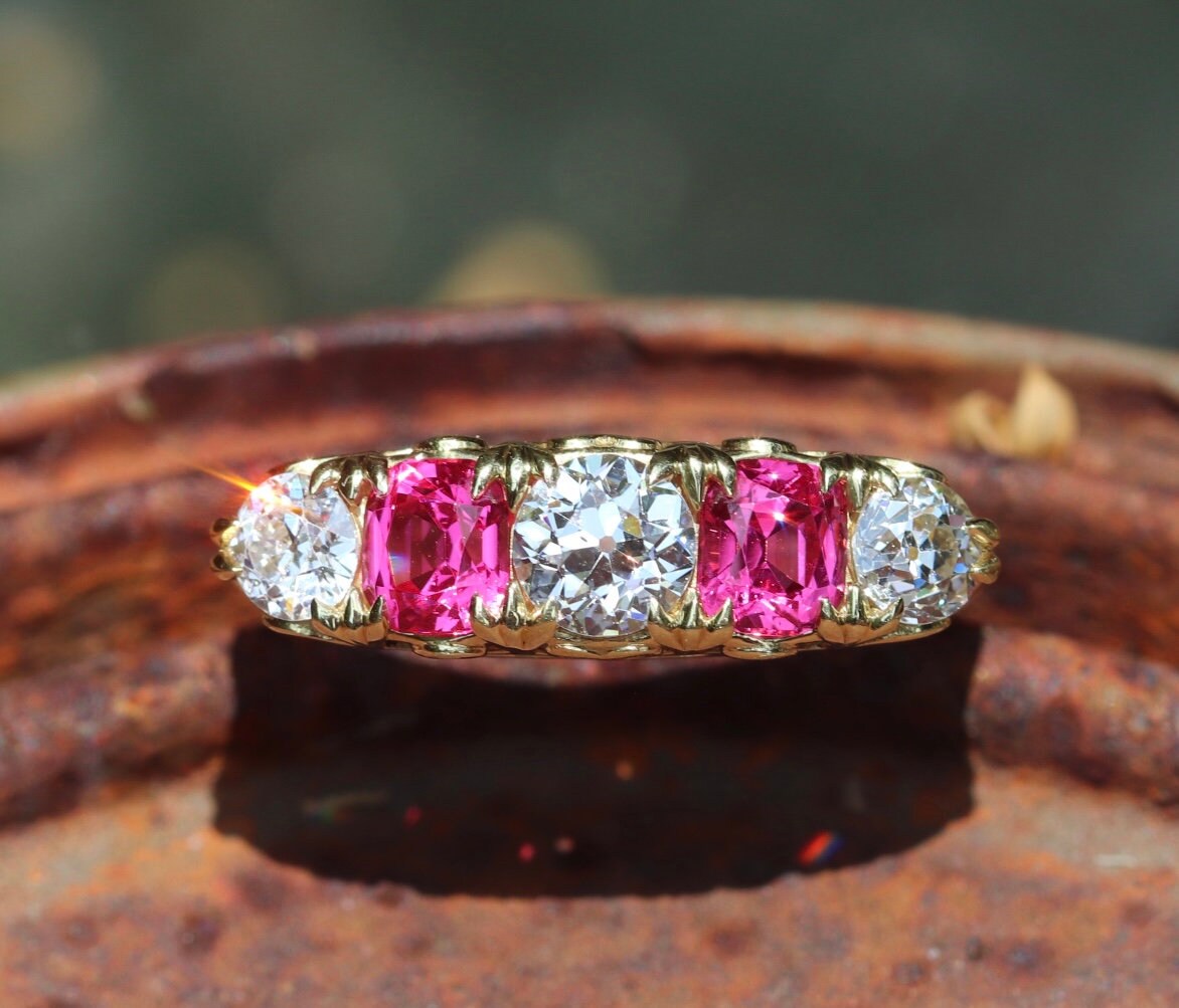 Victorian style jedi pink spinel and old European cut diamond 5-stone 18k yellow gold
