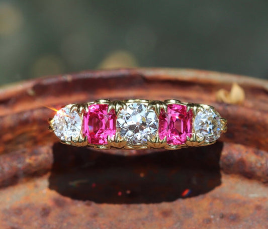 Victorian style jedi pink spinel and old European cut diamond 5-stone 18k yellow gold