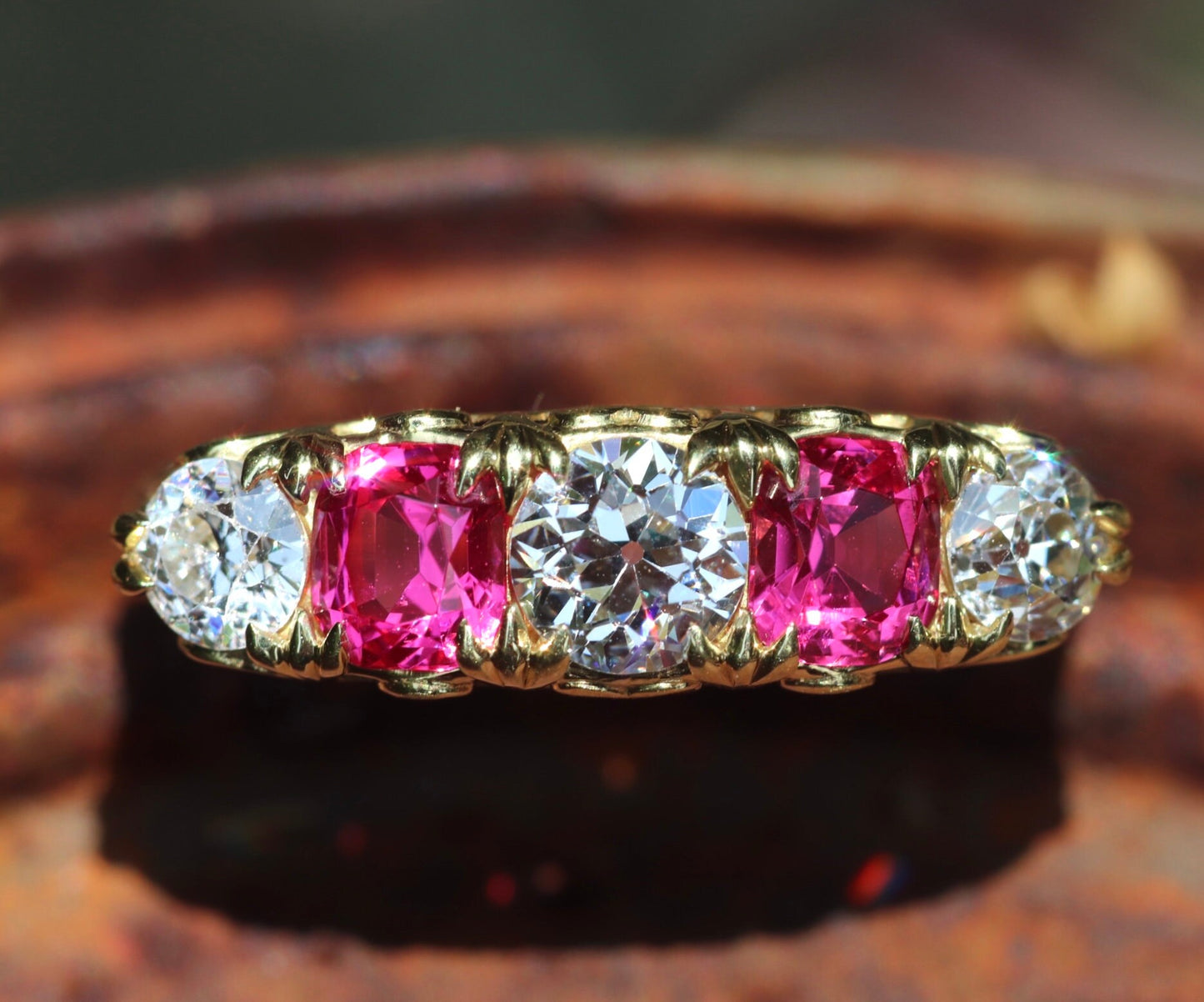 Victorian style jedi pink spinel and old European cut diamond 5-stone 18k yellow gold