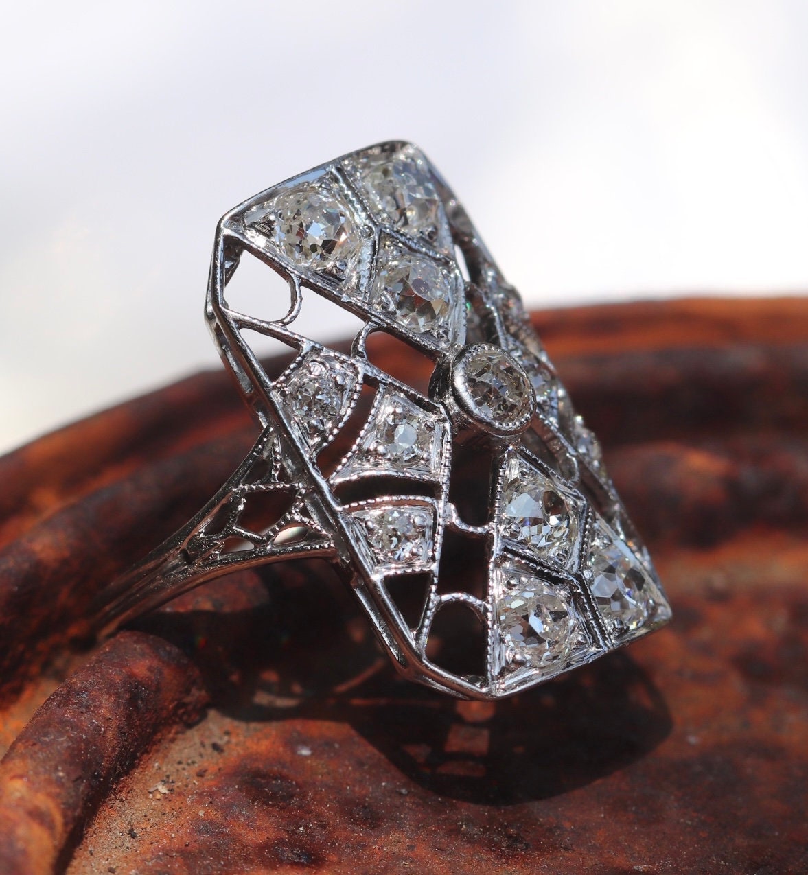 Approx 2ctw Art deco diamond filigree ring set in 14k white gold