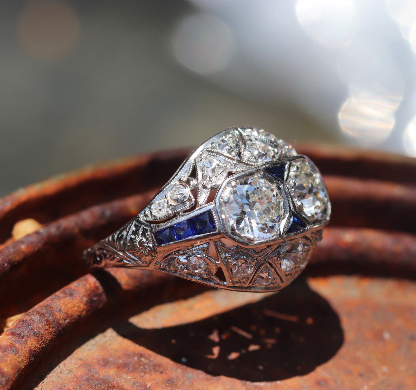 Art deco platinum, diamond, sapphire toi et moi two stone ring