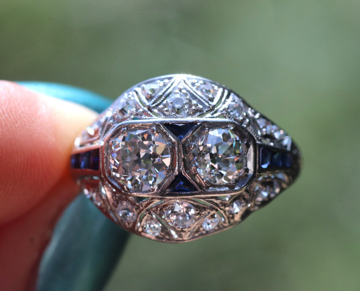 Art deco platinum, diamond, sapphire toi et moi two stone ring