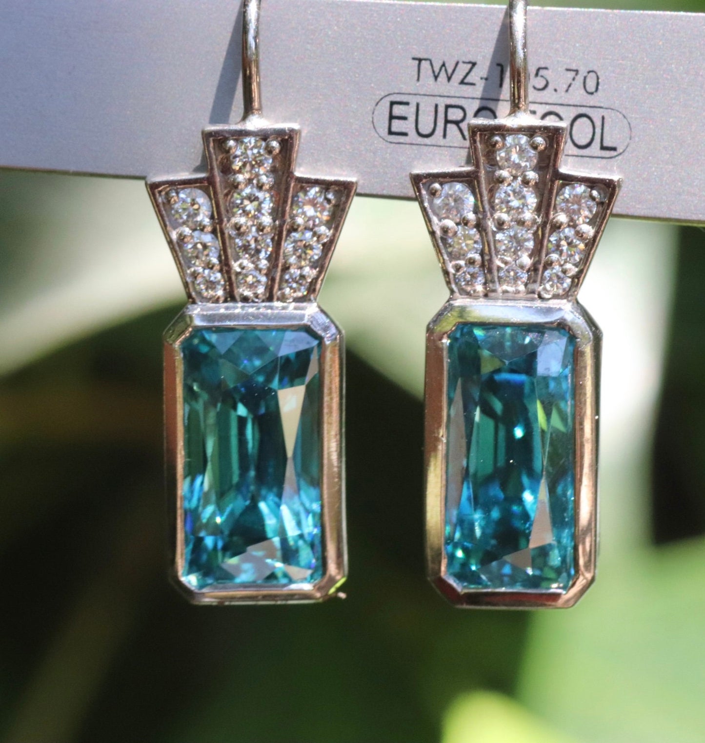 14k grey gold blue zircon and diamond earrings Bridgerton