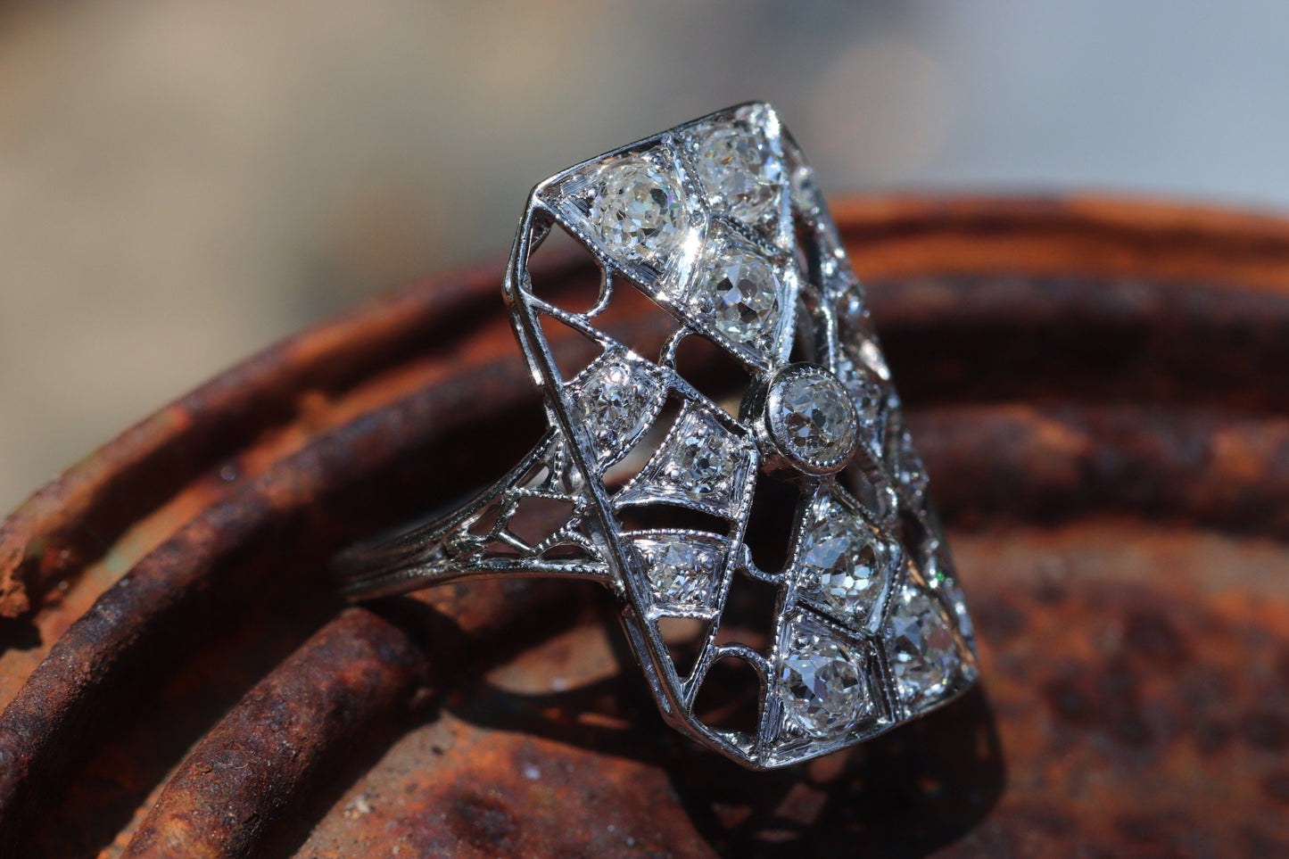 Approx 2ctw Art deco diamond filigree ring set in 14k white gold