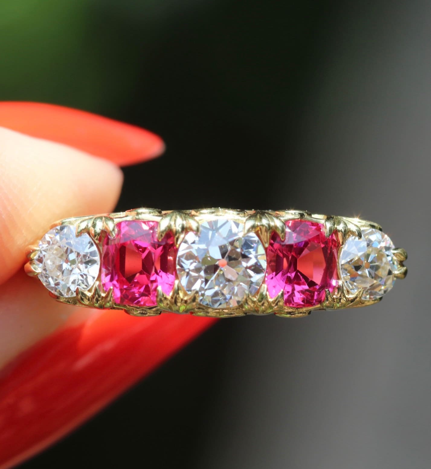 Victorian style jedi pink spinel and old European cut diamond 5-stone 18k yellow gold