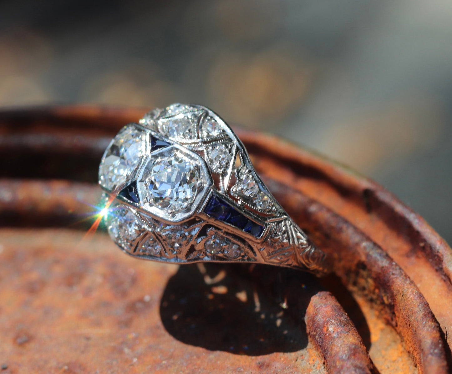 Art deco platinum, diamond, sapphire toi et moi two stone ring