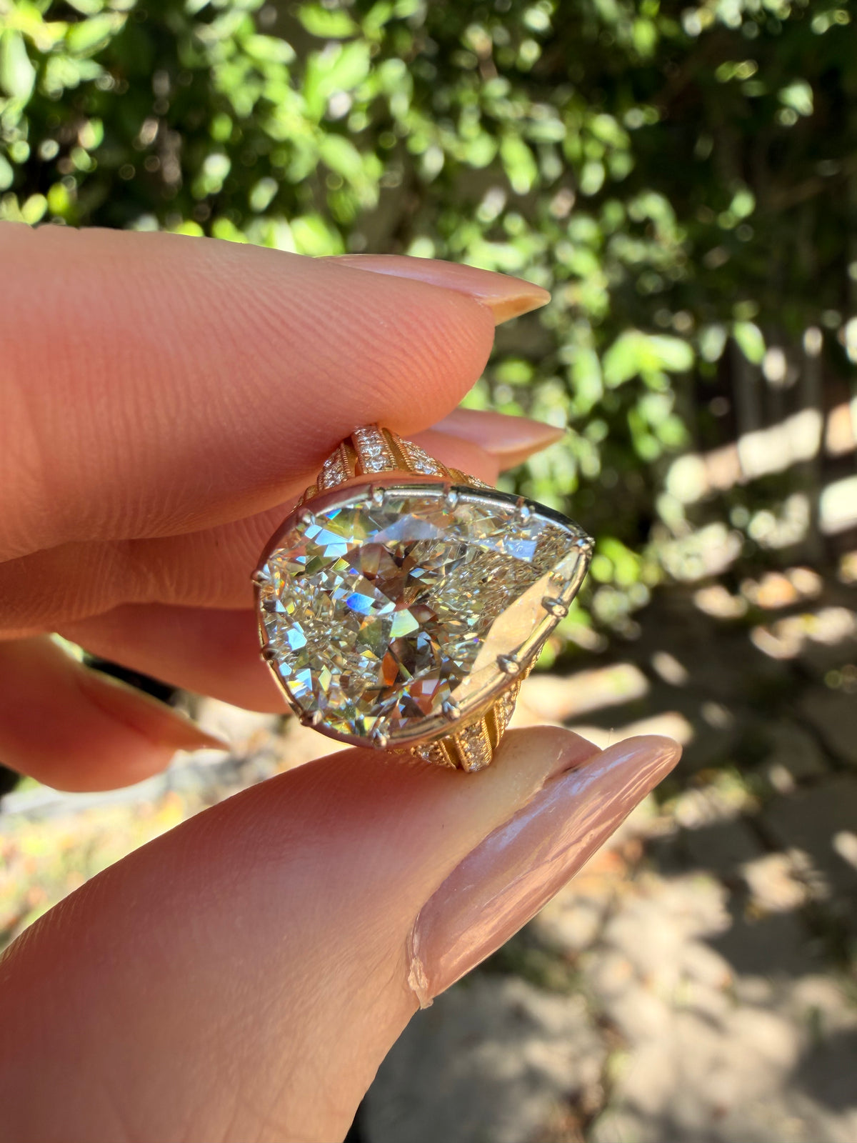 4.28 K/VS2 antique pear cut diamond ring in 18k/platinum Gilded Lane design