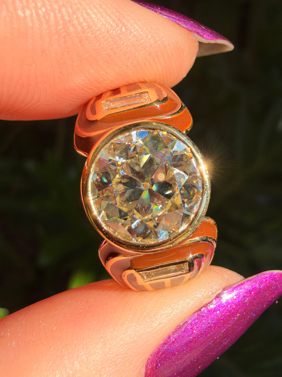 Art deco-inspired old European cut diamond enamel and 18K gold ring