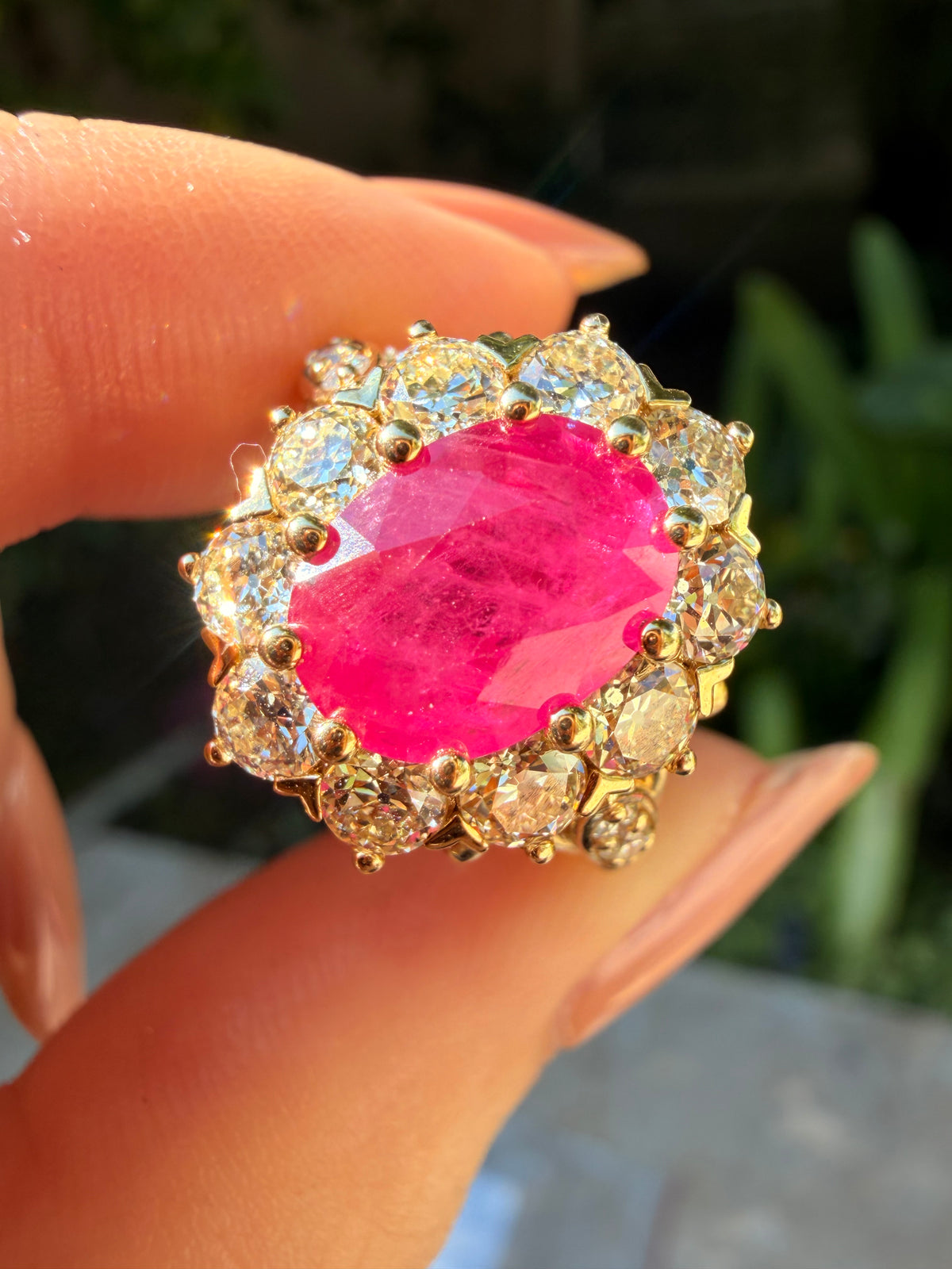 Victorian inspired heated Burmese ruby and old European cut diamond halo ring 14k