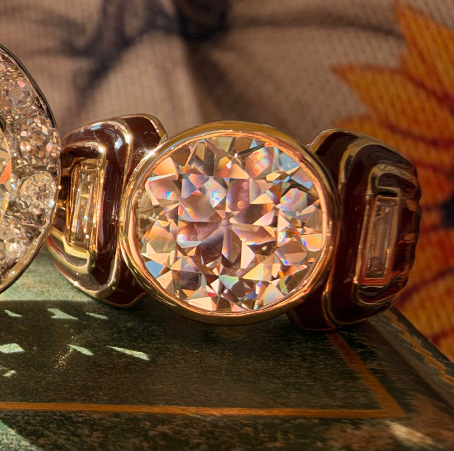 Art deco-inspired old European cut diamond enamel and 18K gold ring