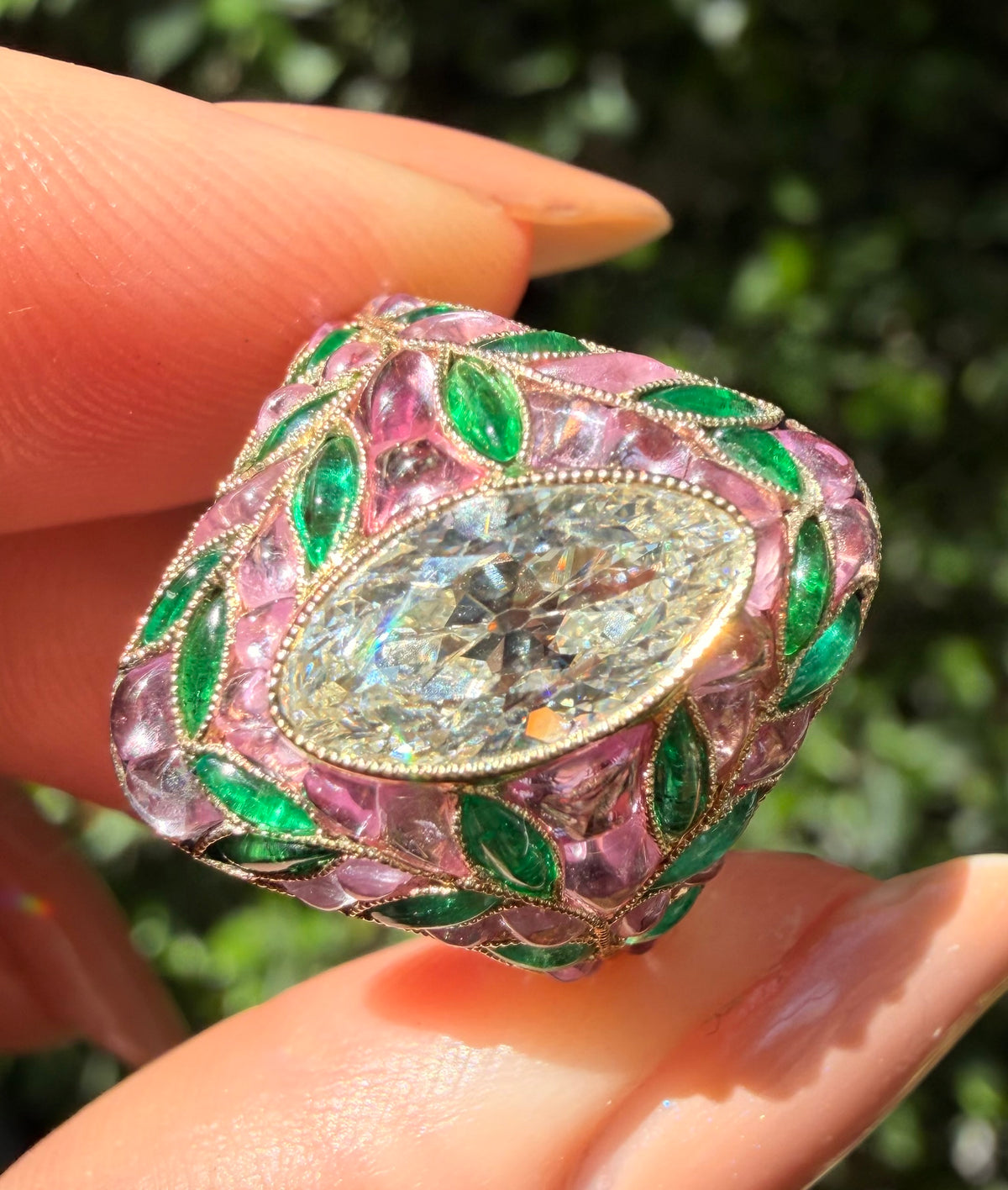 Antique moval diamond ring with emerald and pink sapphire cabochon accents Jellybean Collection