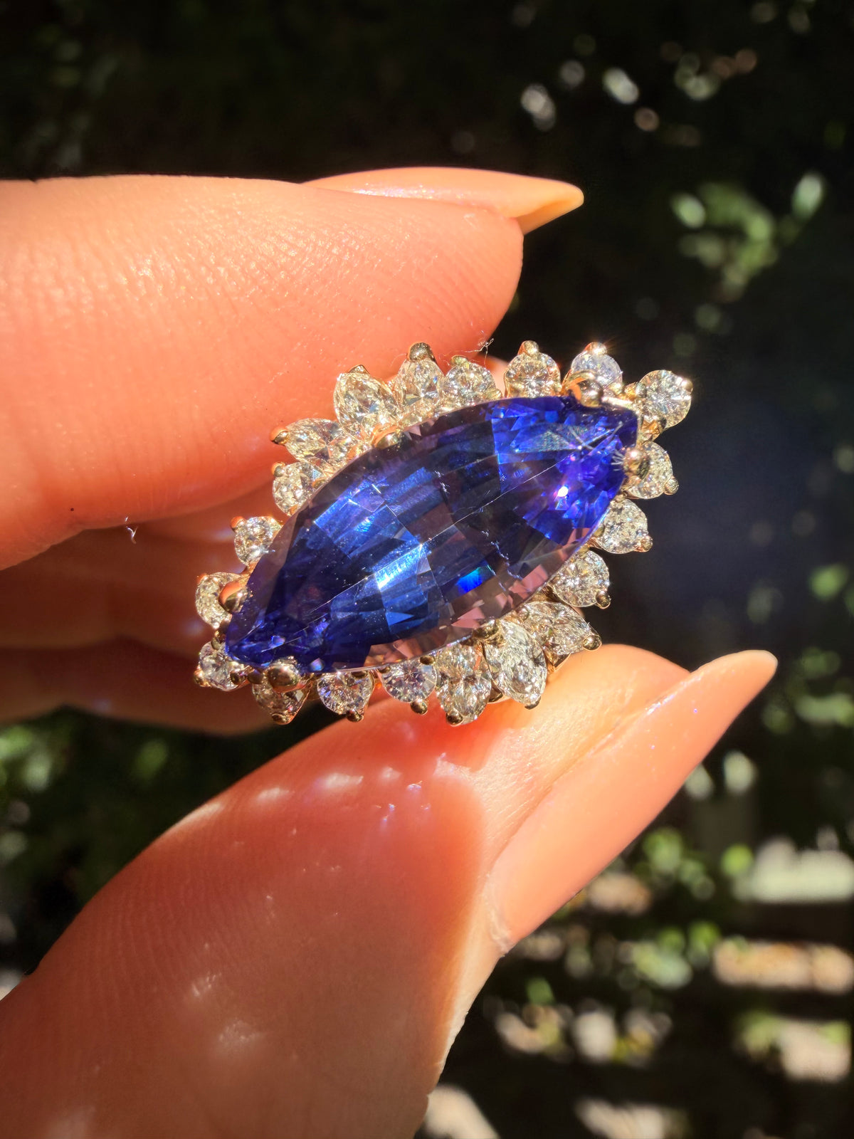 Tanzanite and diamond ring set in 14 kt yellow gold