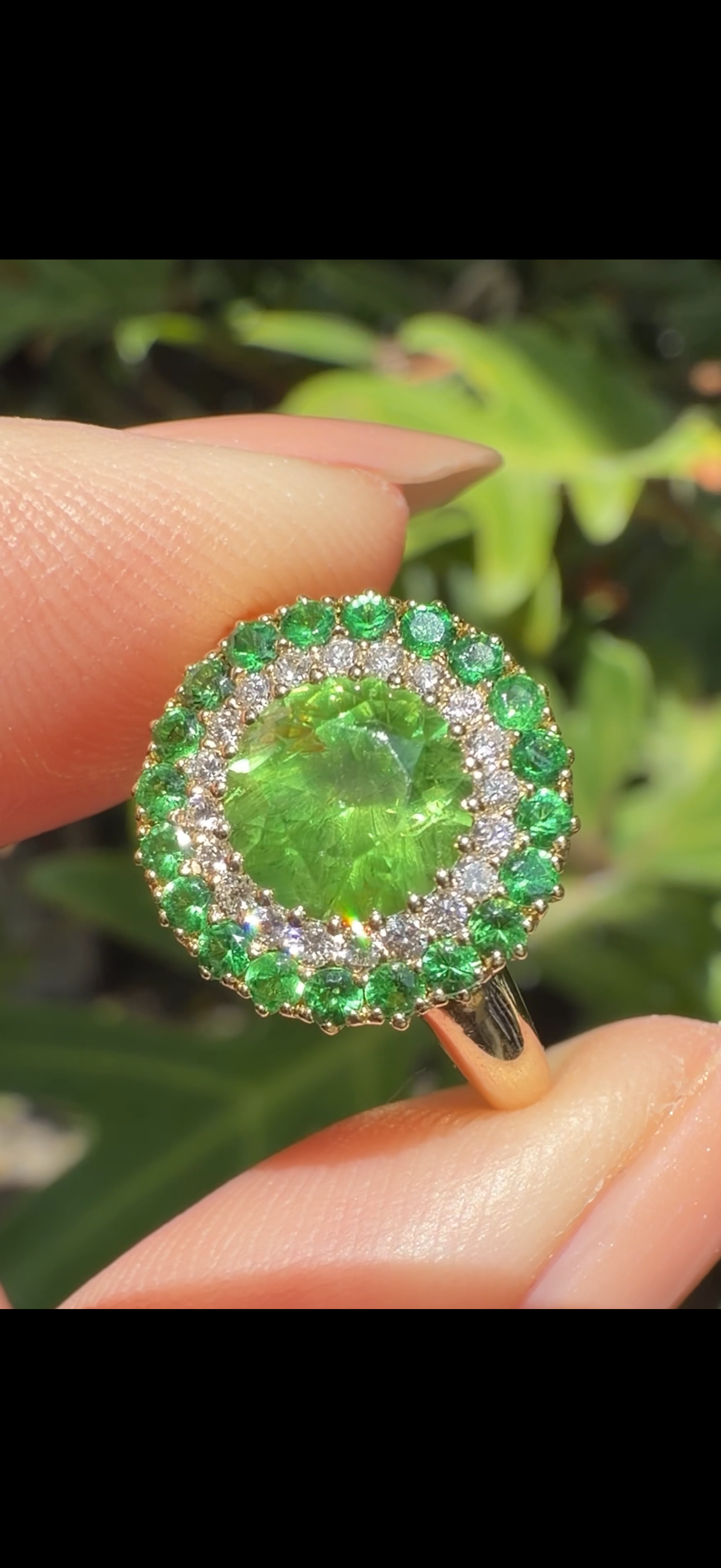 Natural glowing demantoid garnet, tsavorite and diamond ring in 18k gold Gilded Lane Design
