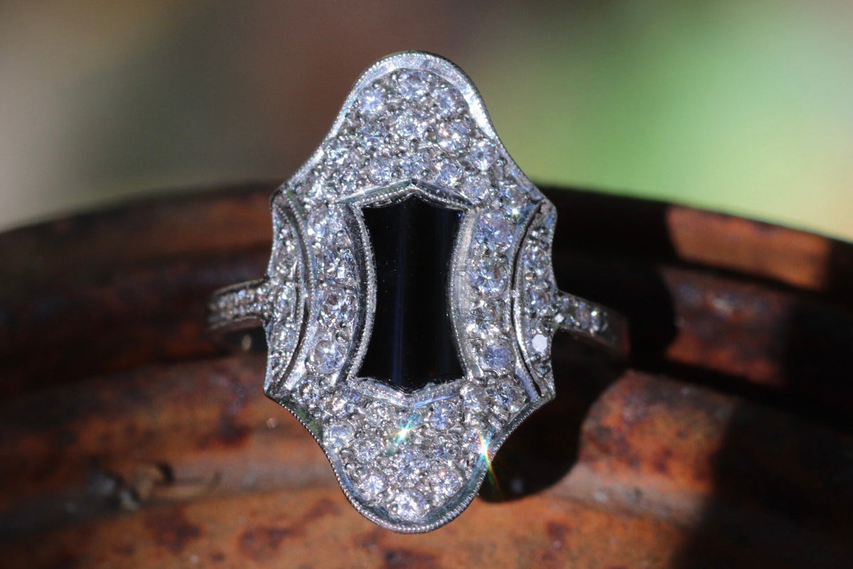 Authentic Art Deco platinum, diamond and onyx ring size 6.5 (sizable)