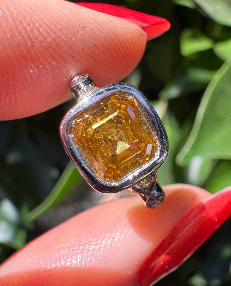 2.04 carat natural fancy deep brownish orange yellow square emerald cut diamond ring in platinum