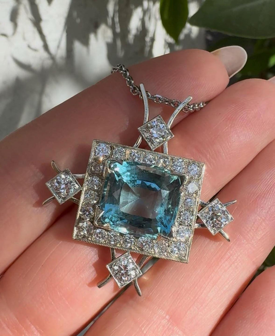 Santa Maria aquamarine old European cut diamond pendant