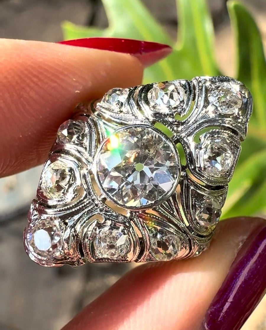 Early Victorian platinum old European cut old mine cut diamond cocktail ring