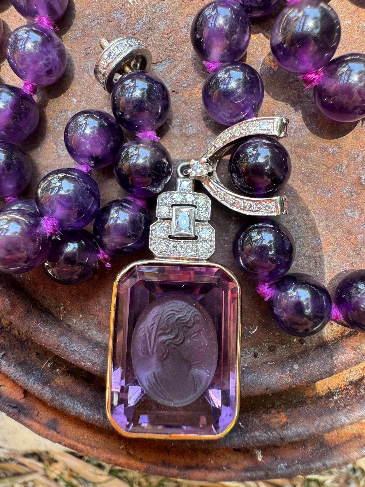 14 karat white gold amethyst bead necklace with French cut diamonds