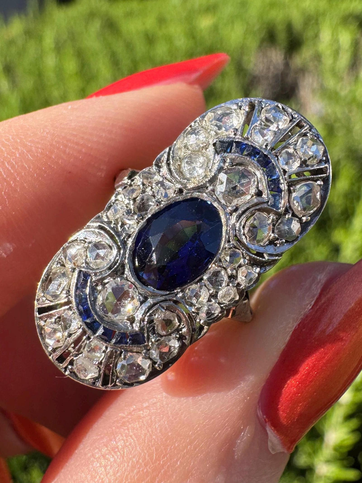 belle epoque sapphire and rose cut diamond cocktail ring