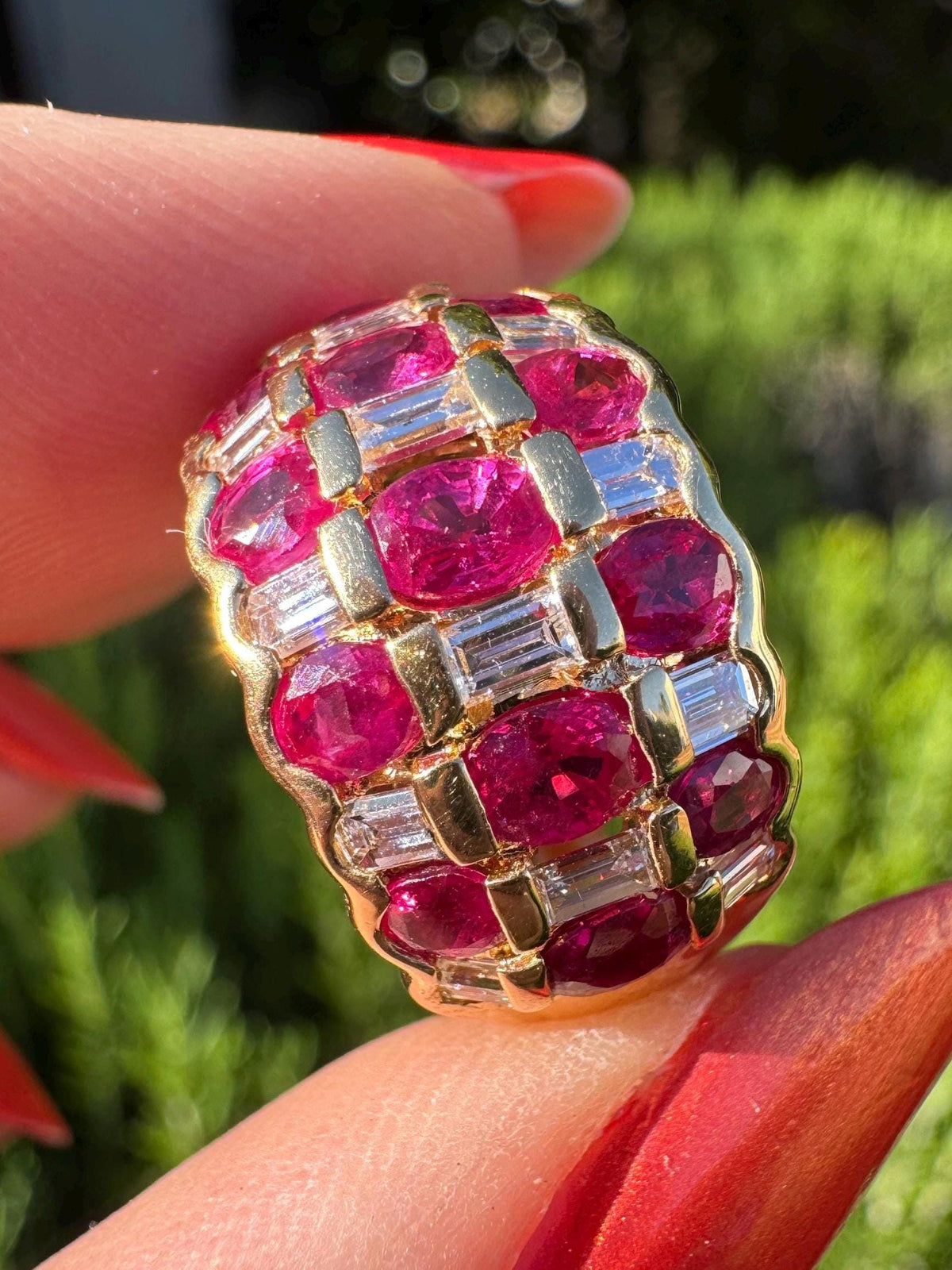 Natural ruby and Emerald cut diamond ring