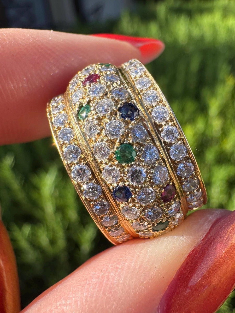 Diamond, Ruby, emerald, sapphire Pave cigar band ring