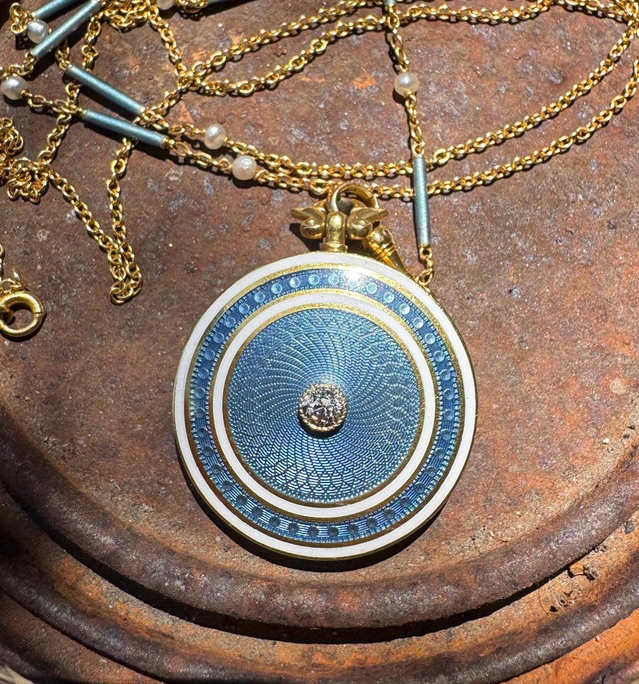 1800s blue Guilloché locket set in 18 karat gold with old European cut diamond on original chain